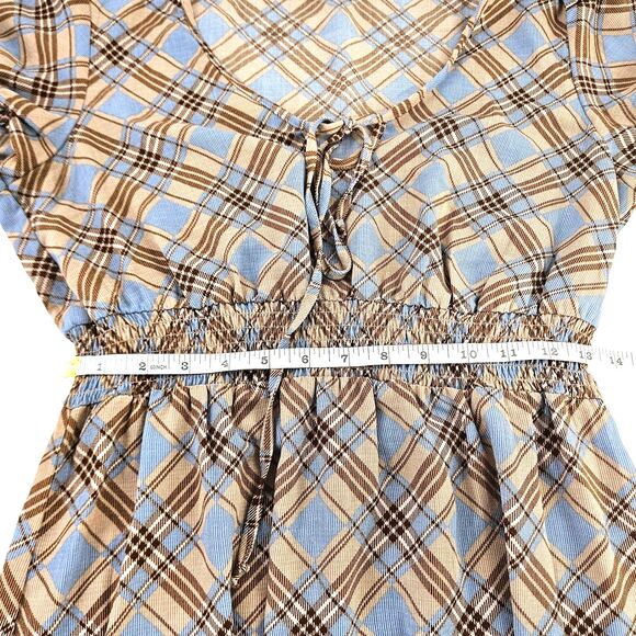 Bebop Plaid Prairie Ruffle Baby Doll Mini Dress Pullover Brown Blue Plaid Med Jr - Picture 9 of 10